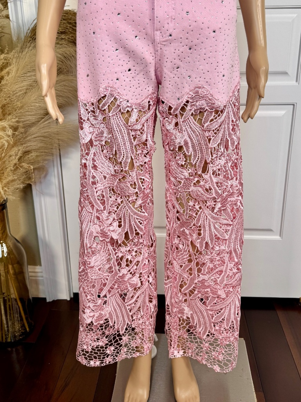 PINK HIGH WAIST CRYSTAL EMBELLISHED CURVE HUGGING WIDE LEG LACE JEANS - Picture 4 of 15
